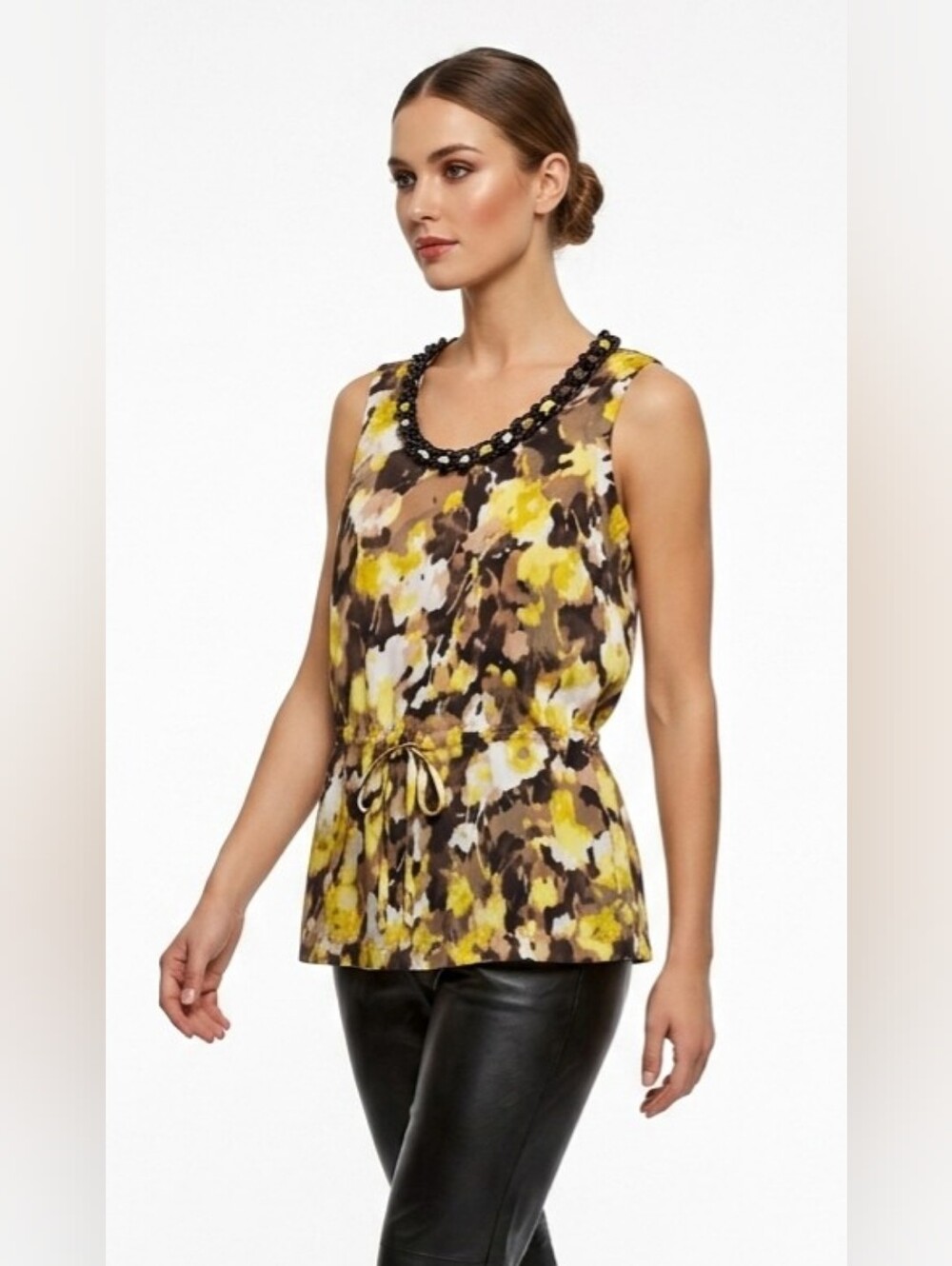 Alfani Yellow & Brown Floral Beaded-Neck Sleeveless Top Size 6